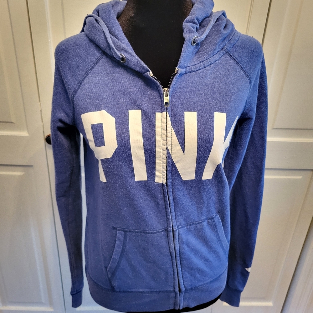 Vintage y2k Vctoria's Secret PINK Blue and White Zip Up Hoodie XS Sporty